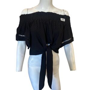 Olivaceous Black Off-Shoulder Tie-Front Blouse women small crochet textured